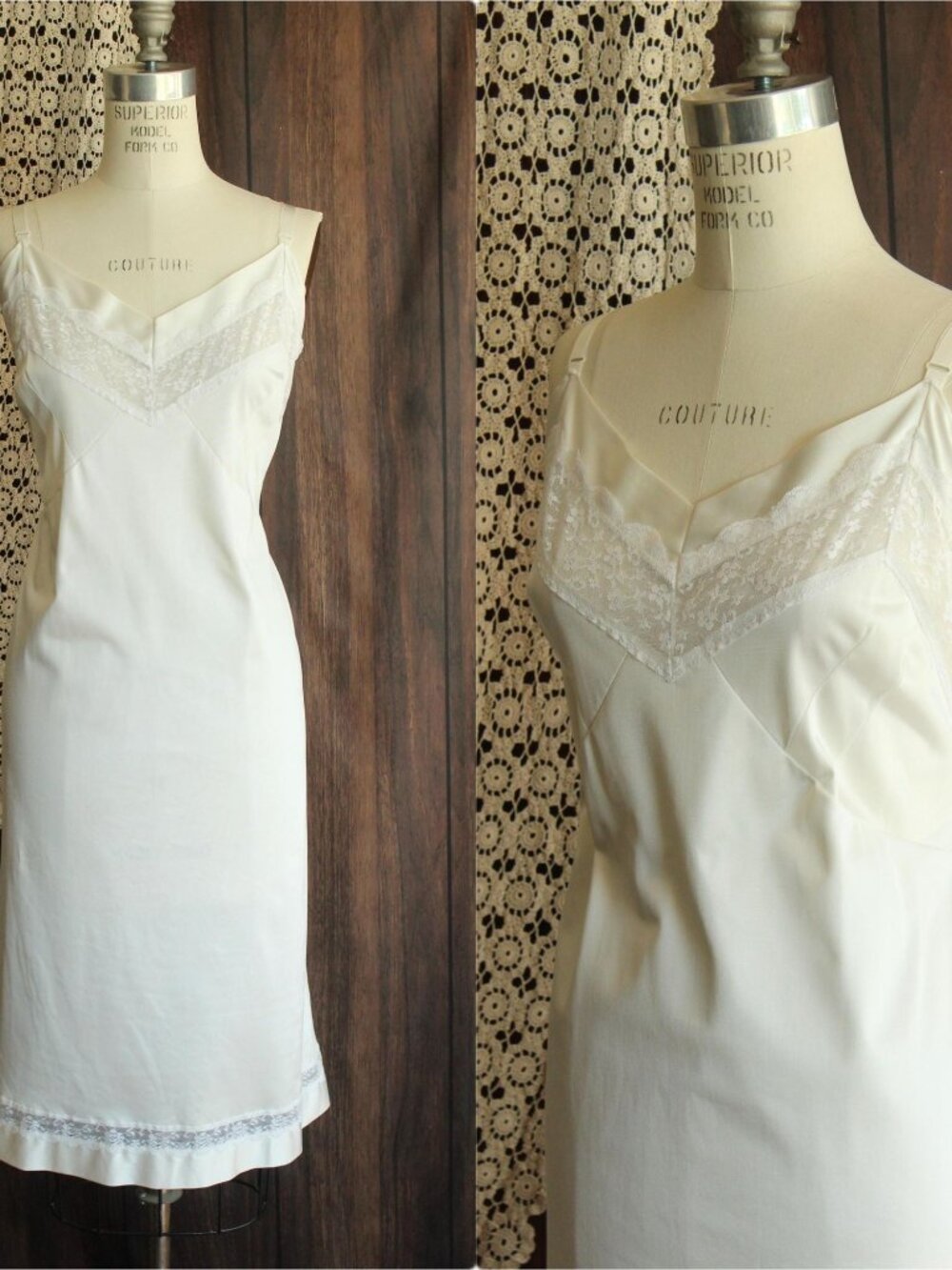 Vintage 1950s 1960s Full Slip, Volup Winter White Nightgown with Lace Trim